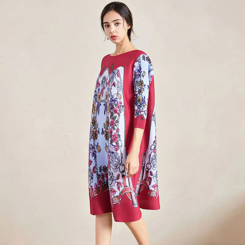 

Женское платье средней длины с принтом, свободное Повседневное платье с круглым вырезом и рукавами в стиле ретро, весна 2022