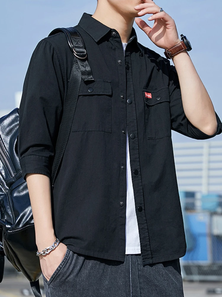 Summer Three-quarter Sleeve Shirt Jacket Men's Half-sleeved Korean Style Handsome Jacket Tooling Loose Casual Jacket 2022 New