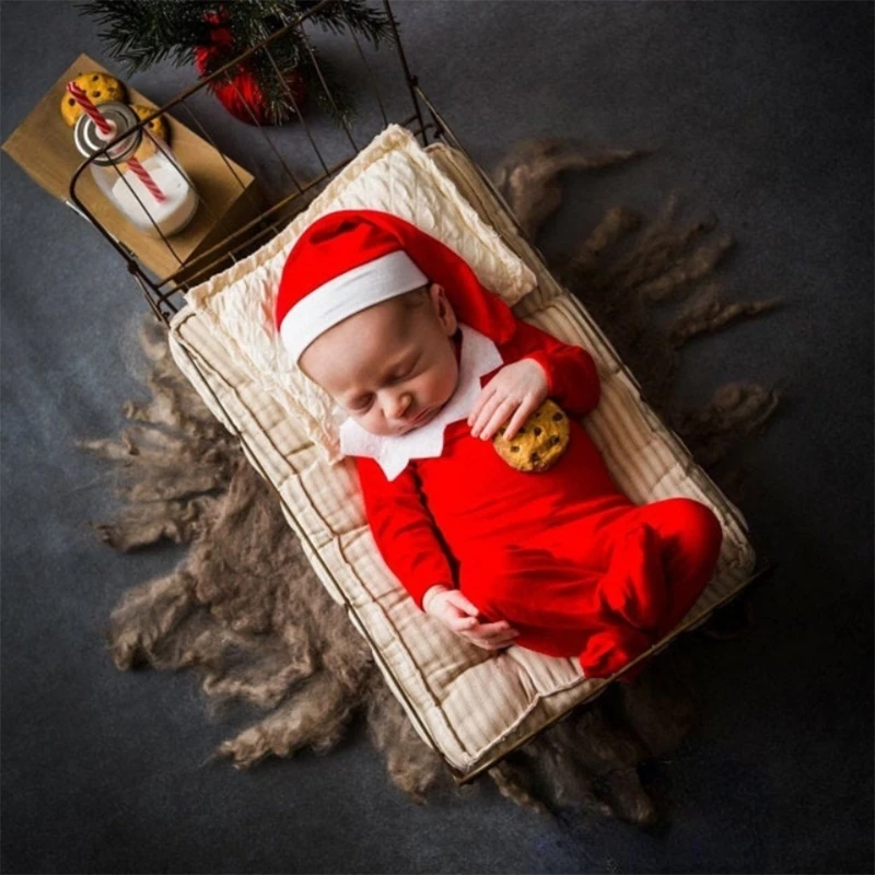

1 Set Newborn Photography Props Clothing Red Baby Romper with Collar Long Tail Hat Set Bodysuit Cap
