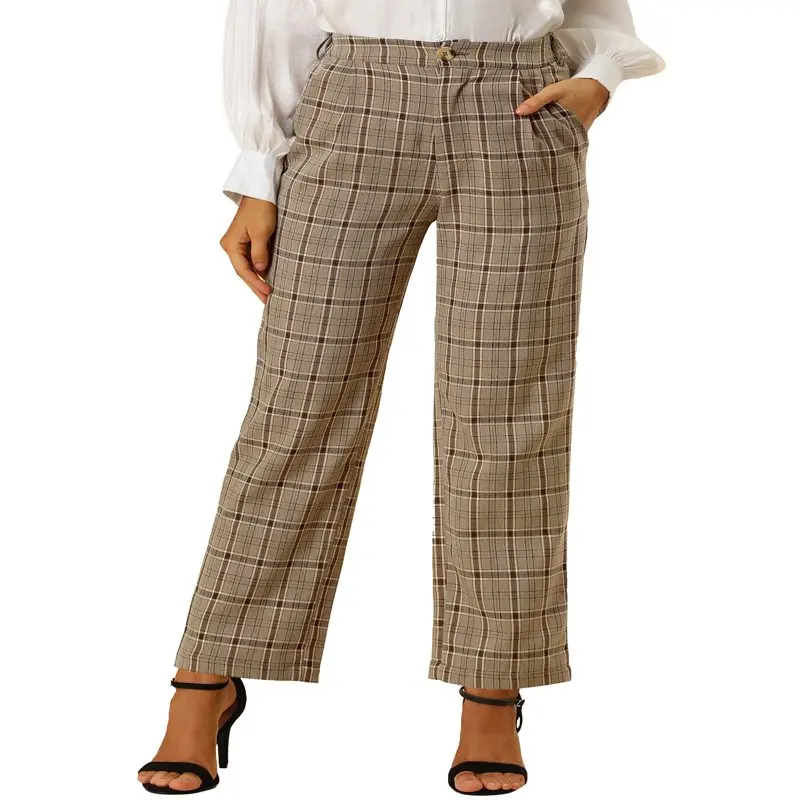 

HMCN Women`s Christmas Plaid Trousers Pockets Straight Leg Casual Pant