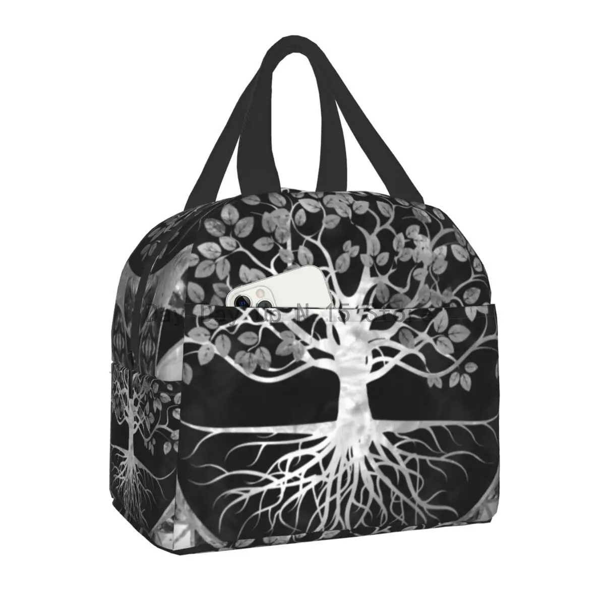 

Tree Of Life Gray Scale Gemstone Thermal Insulated Lunch Bag Women Vikings Yggdrasil Resuable Lunch Tote Multifunction Food Box