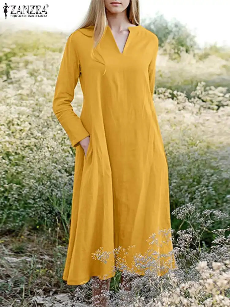 

ZANZEA Fashion Holiday Dress Ladies Long Sleeve V-Neck Solid Color Dresses Woman Spring Elegant Maxi Party Dress A Line Sundress