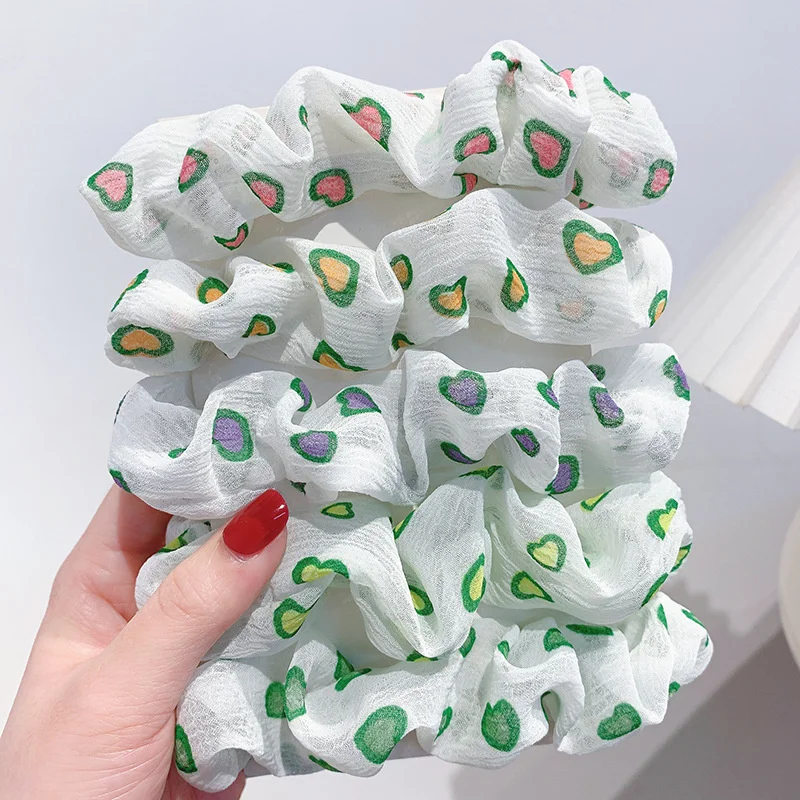 

New Heart Print Chiffon Large Intestine Ring Hair Rope Headdress Girls Sweet Wild Elastic Hair Ties Rope Ponytail Holder