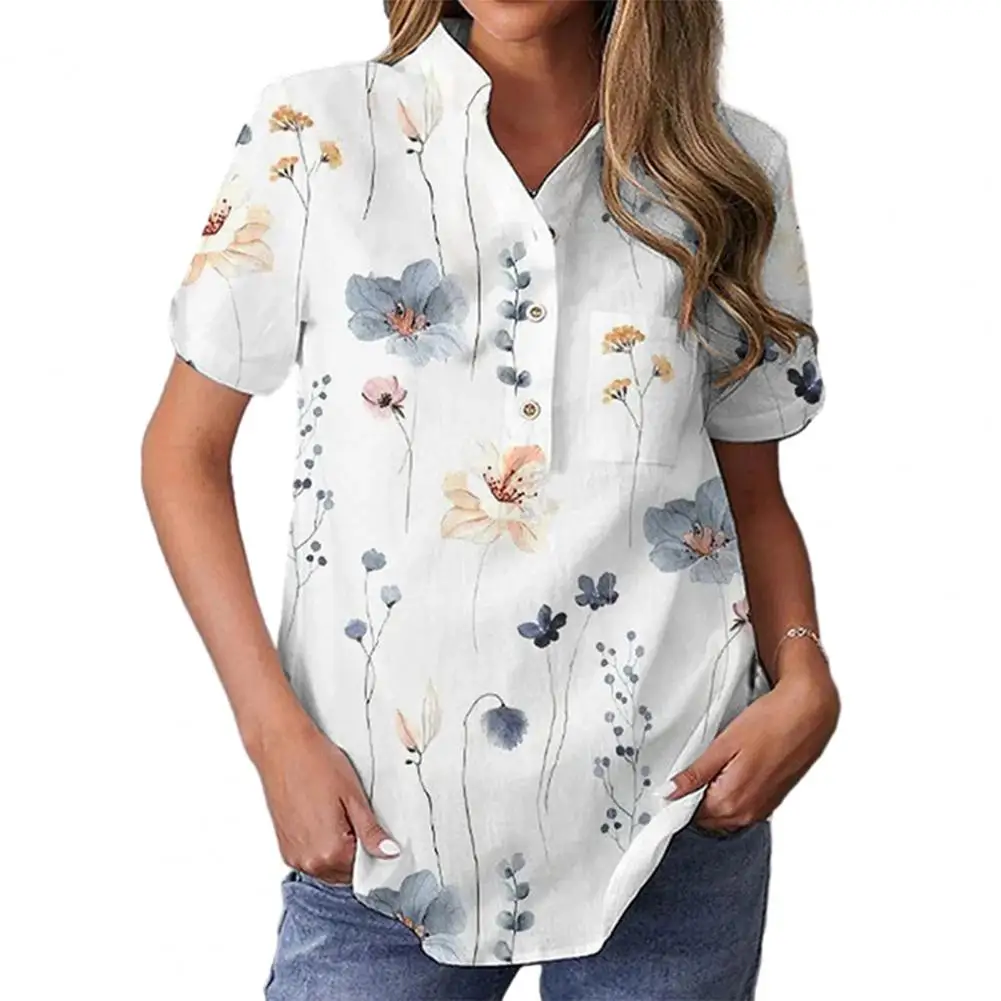

Elegant Women Blouses Casual Stand Collar V-neck Shirt Tops Short Sleeve Pocket Printing Loose Fit Blouse Tops 2023 Holiday
