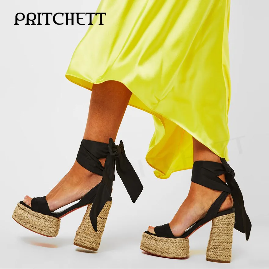 Orange Braided Chunky Heel Platform Sandals Round Toe Open Toe Ankle Silk Strap High Heel Sandals Fashion Party Women's Shoes