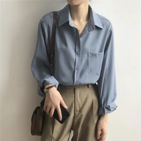 Casual Solid Color Pocket Blouse Women New Classic Long Sleeve Single-breasted Office Polo Collar All-match Lady Shirt 2023