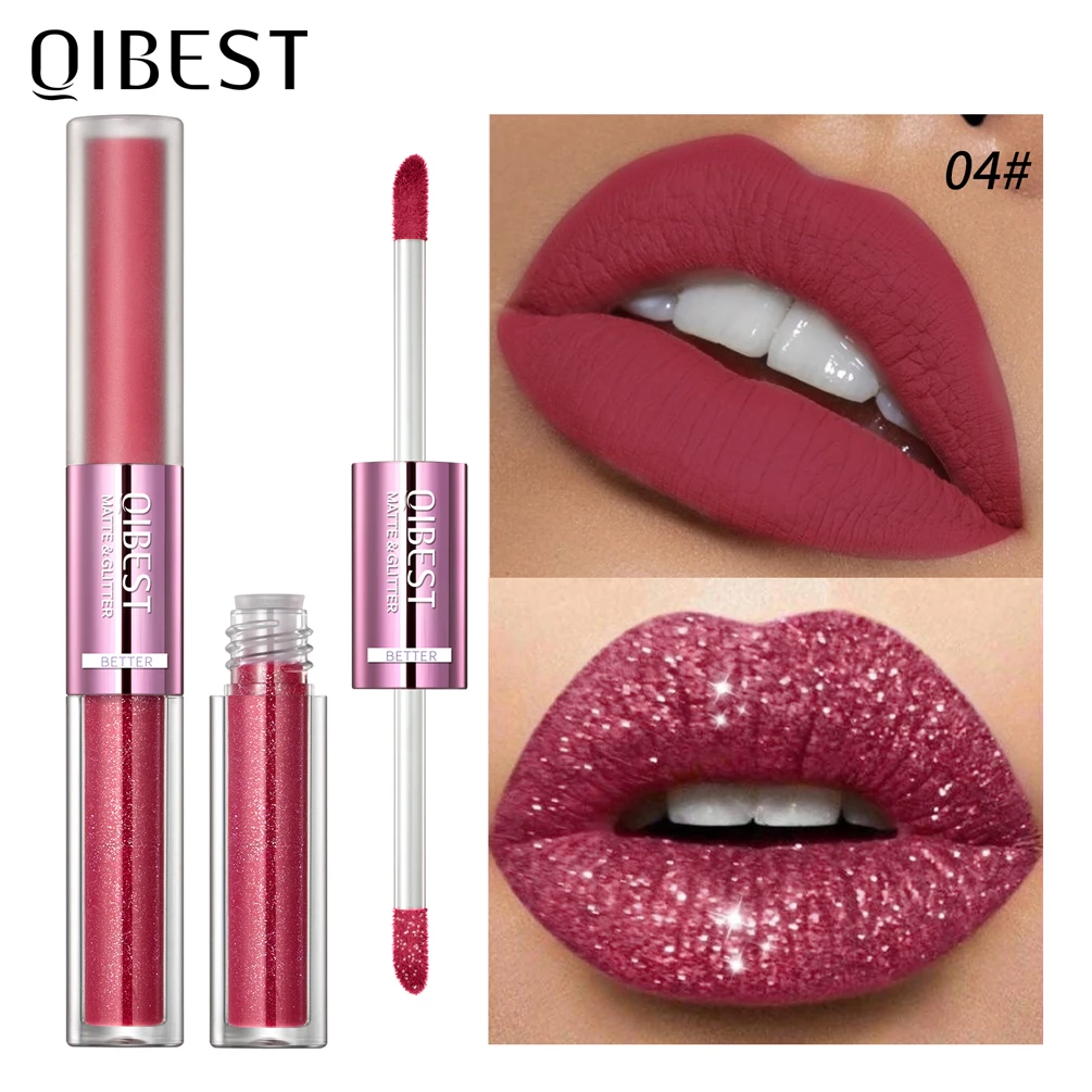 

QIBEST 2 In 1 Double Head Lip Makeup Set Matte Liquid Lipstick Waterproof Long Lasting Lipstick Glitter Lipgloss Cosmetics Kits