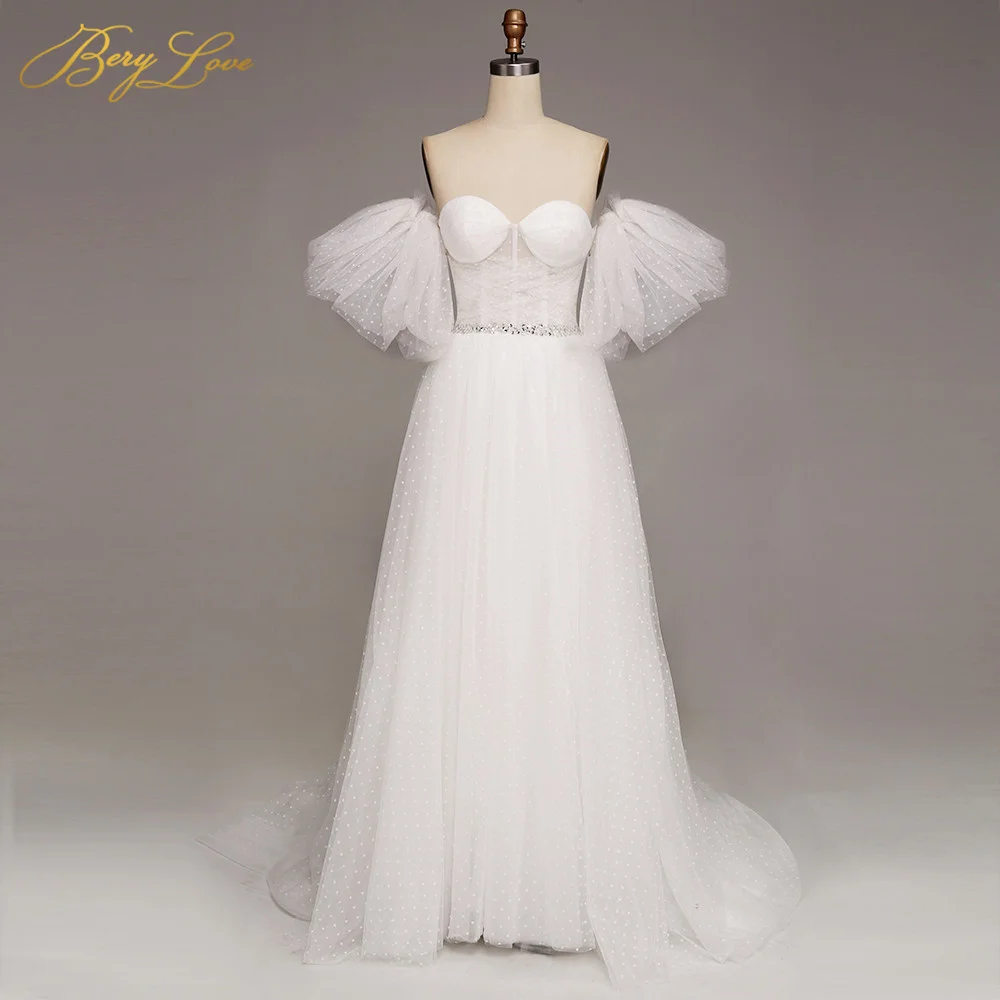 

Белое свадебное платье BeryLove, модель 2019 года, длинное ТРАПЕЦИЕВИДНОЕ ПЛАТЬЕ ИЗ ТЮЛЯ в горошек с рукавами-фонариками для невесты, иллюзия брак...