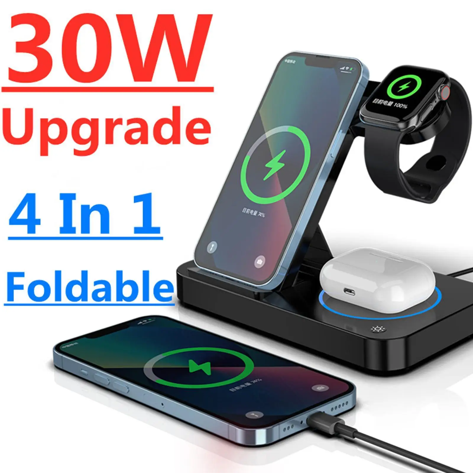 

Беспроводное зарядное устройство 4 в 1 док-станция для IPhone 13 12 11 7 6 5 4 3 2 Airpods Pro/2/3 Складная Быстрая Зарядка Qi