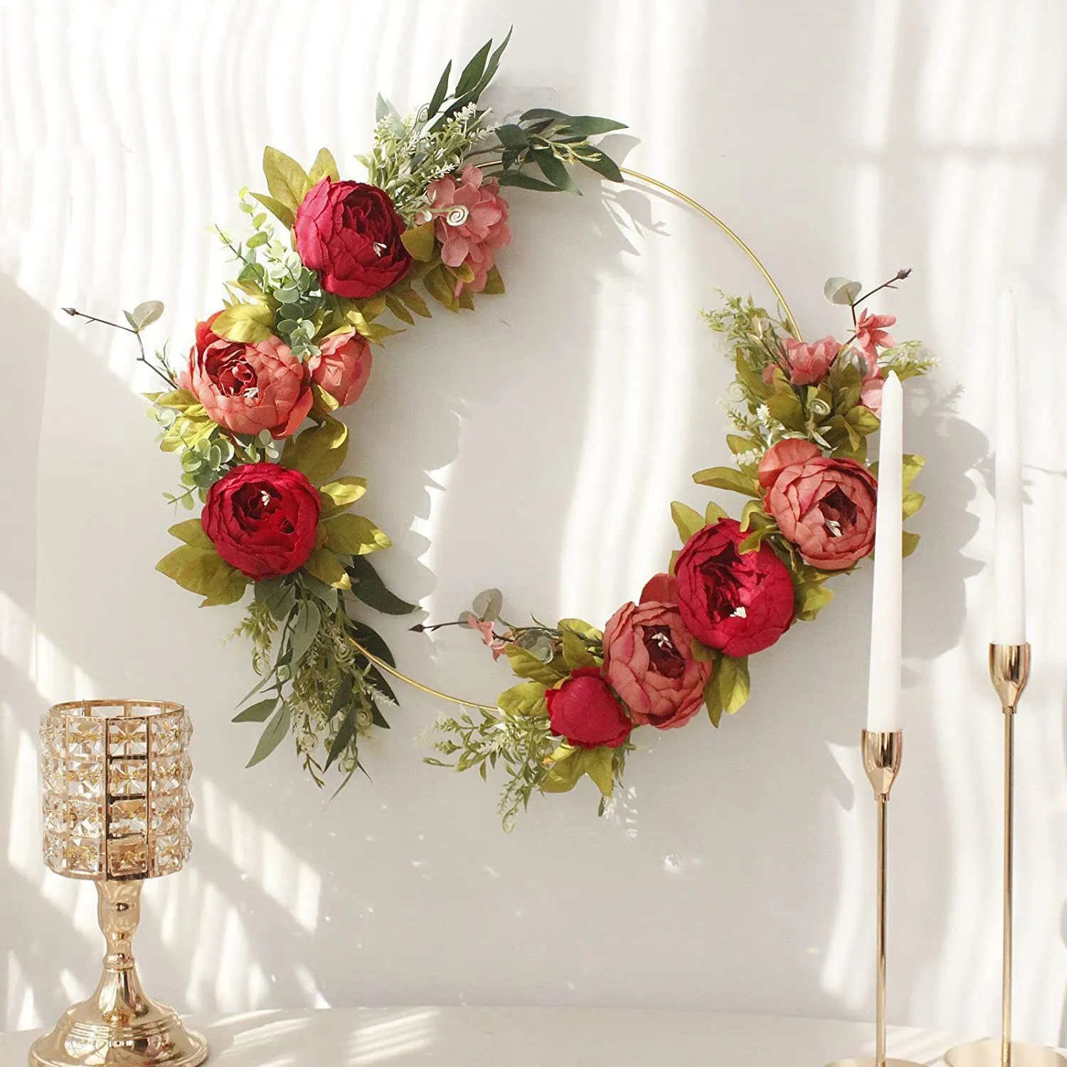 6 PCS 12 Inch Large Metal Floral Hoop Centerpiece for Table, Gold Wreath Ring with 6 PCS Wood Holder Stands, Hoop Rings images - 6