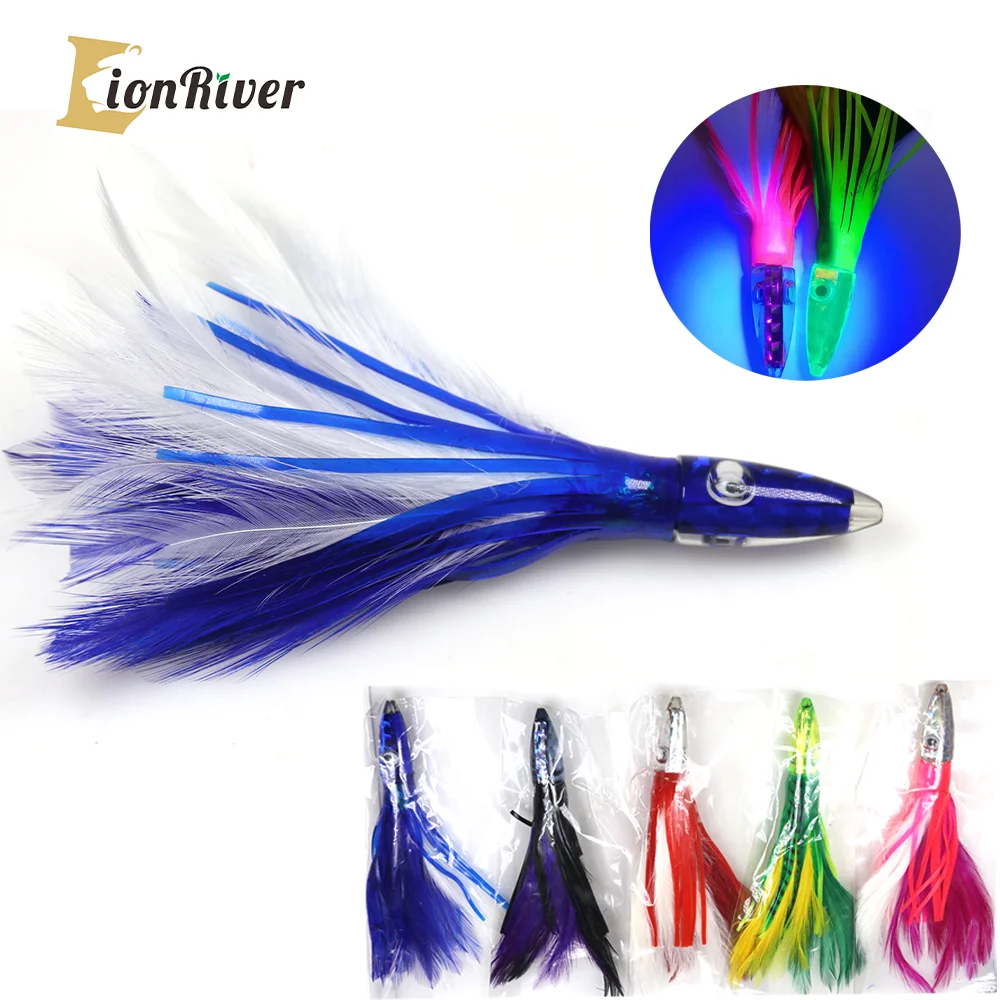 

LIONRIVER 2Pcs Feather Skirt Hard Octopus Lure Squid Jigs Big Game Bait Drag Fishing Bait For Deep Sea Trolling Fishing Tackle