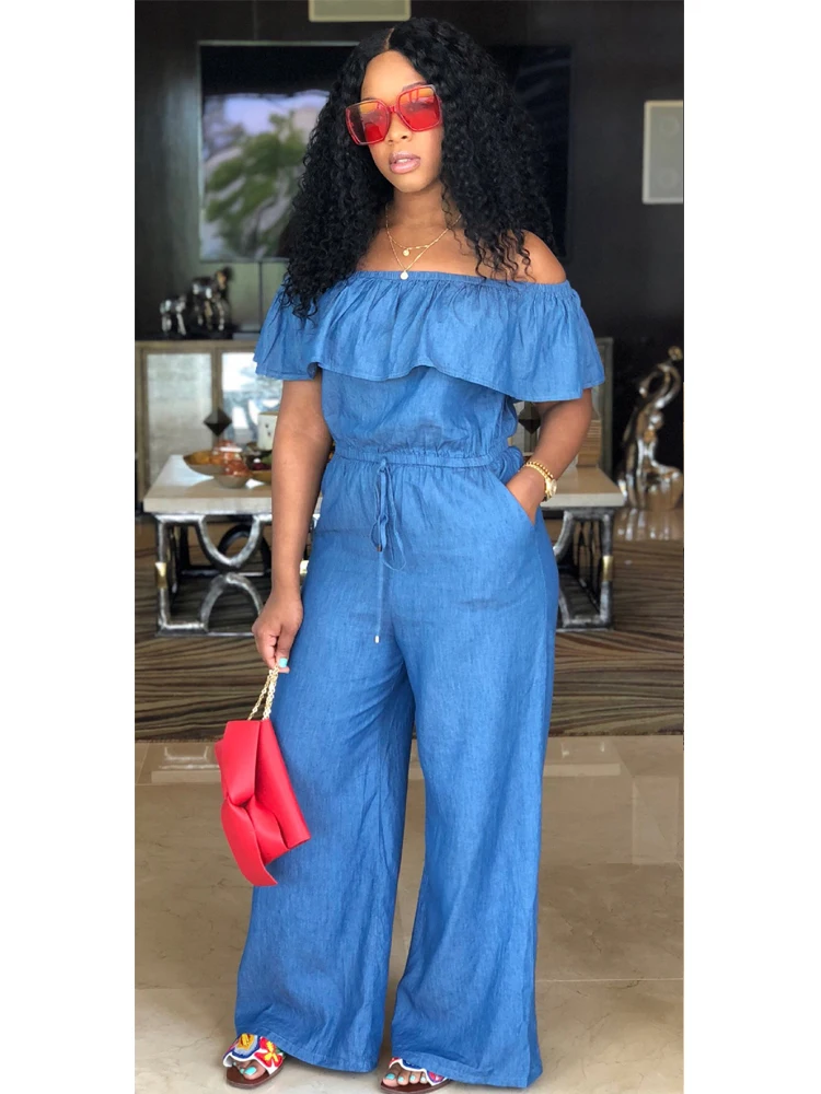 

Fashion Solid Color Casual Jumpsuits Drawstring Design Pockets Ruffles Decor Slash Neck Short Sleeve Mid Waist Wide Leg Pants