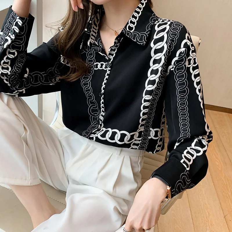 

French OL commuter chiffon long-sleeved shirt spring new elegant silky chain print long-sleeved top