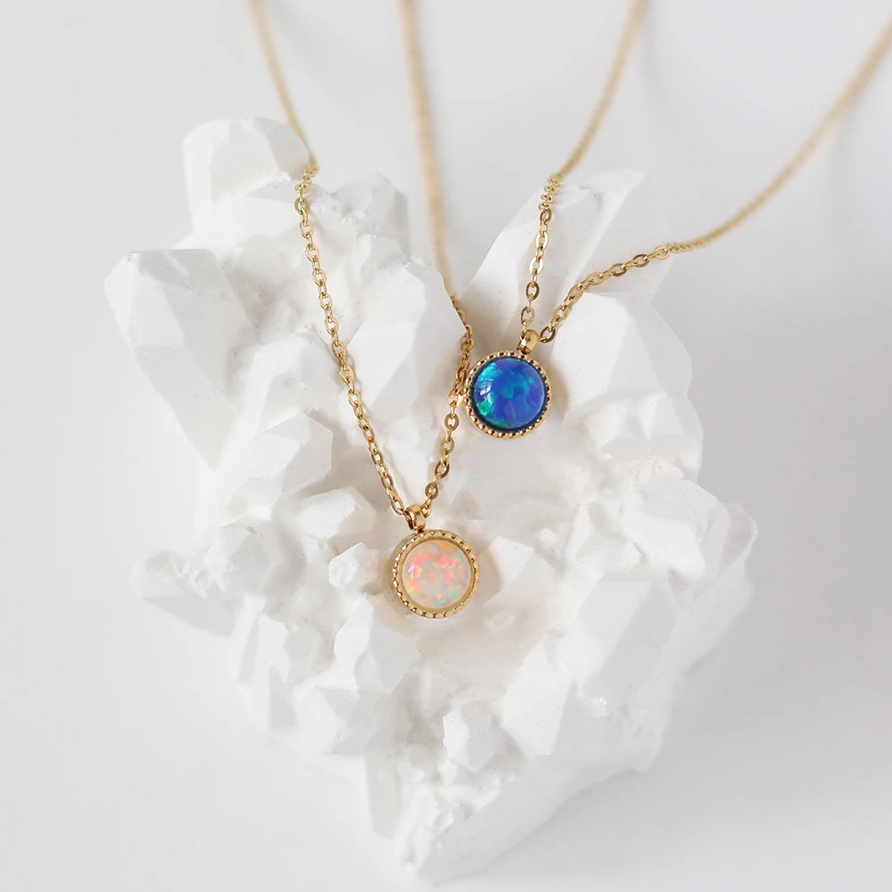 

2022 New Trend 18K Gold Pendants Necklaces Fashion Blue White Color Round Gemstone Pendants Chain for Women Vintage Jewelry