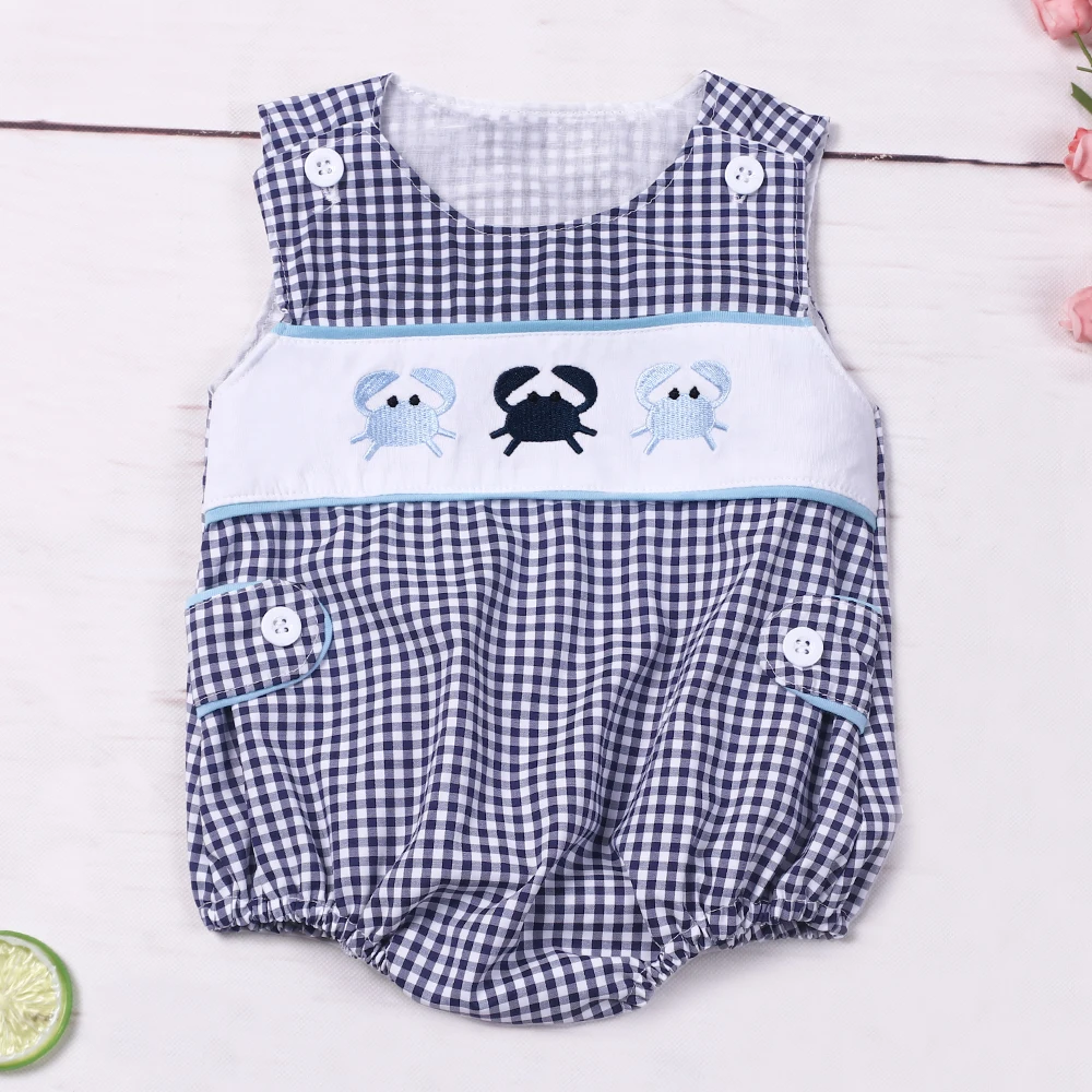 

New Born Lattice Jumpsuit Baby Boy Clothes Bluey Crab Embroidery Bubble Infant Romper Kids Short Children's Bodysuit 0-3T Outfit