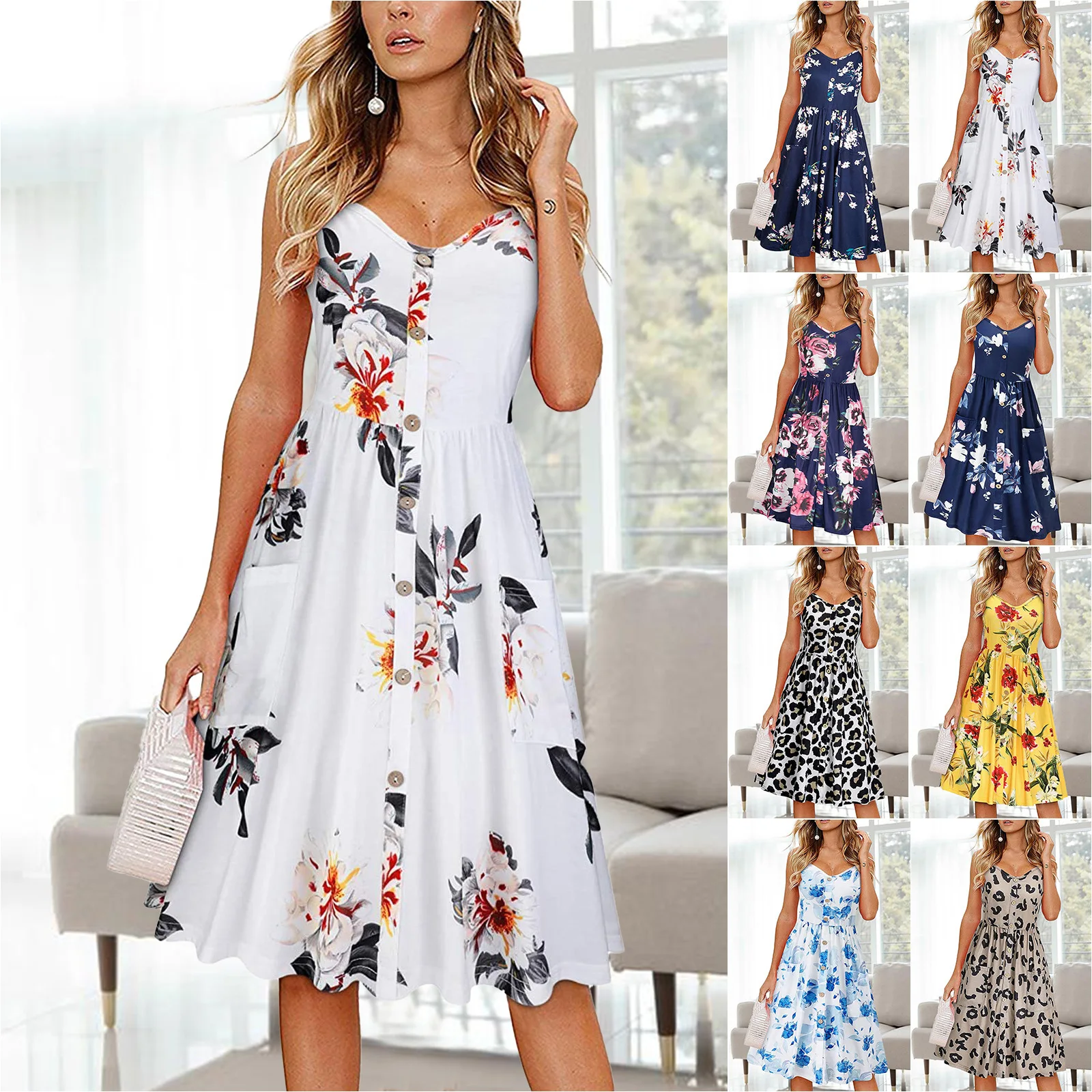 

2022 Summer New Women's Fashion Suspenders V-neck Large Swing Dress Casual Party Sexy Dresses Female & Lady Clothing