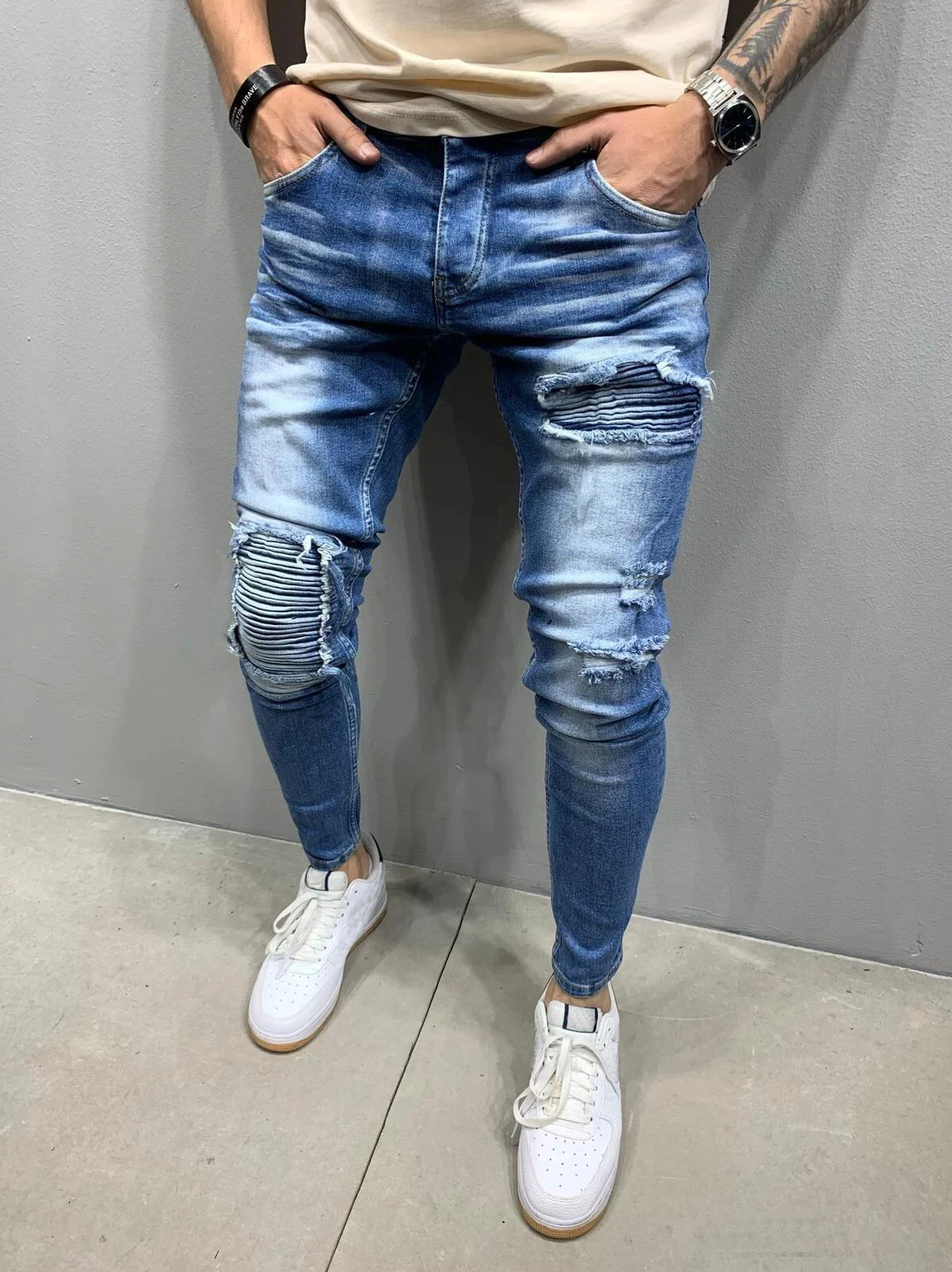 New Men's Jeans Men's Motorcycle Wrinkle Stretch Skinny Jeans Black Denim Casual Sports Pencil Pants Four Seasons Fashion Pants