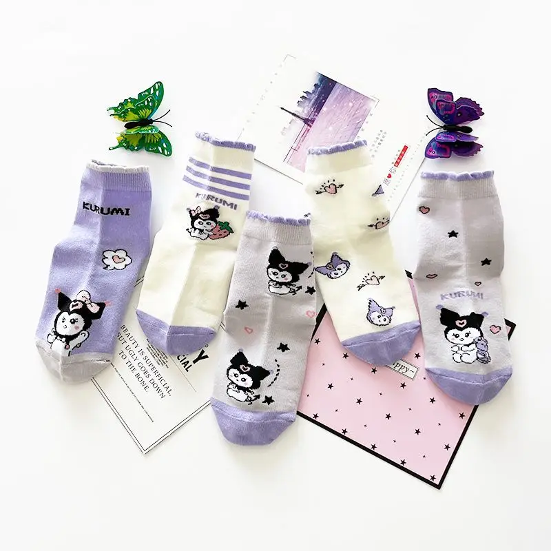 

5Pcs Kawaii Sanrio Kids Fall and Winter New Models of Cotton Socks Cute Cartoon Kuromi Girls Mid-Calf Socks Toys Girl Anime Gift