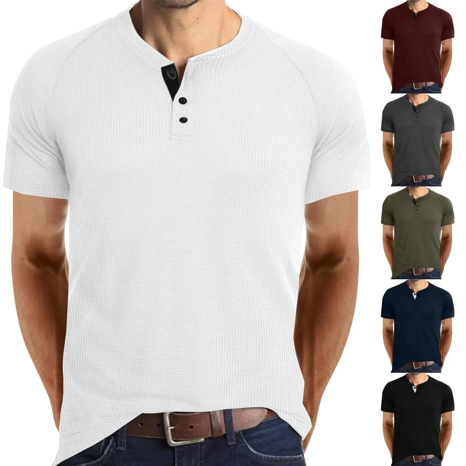 

Male Spring And Summer Retro Business Casual Travel Multi Buttons V Neck Solid Color T Shirt Short Sleeve Top Men Large Shirts