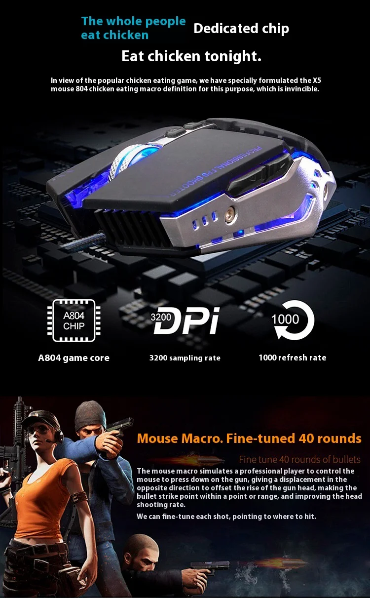 Фото Проводная игровая мышь с разрешением 3200 точек на дюйм — прецизионные компьютерные мыши для киберспорта, высокоскоростные USB-компьютерные мыши со светодиодной подсветкой №4