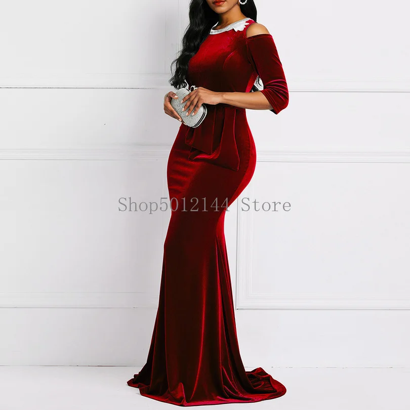 

Retro Red Velvet Mermaid Long Dress Women Plus Size Dinner Evening Elegant Ladies Bodycon Peplum Ruffle Vintage Maxi Party Dress