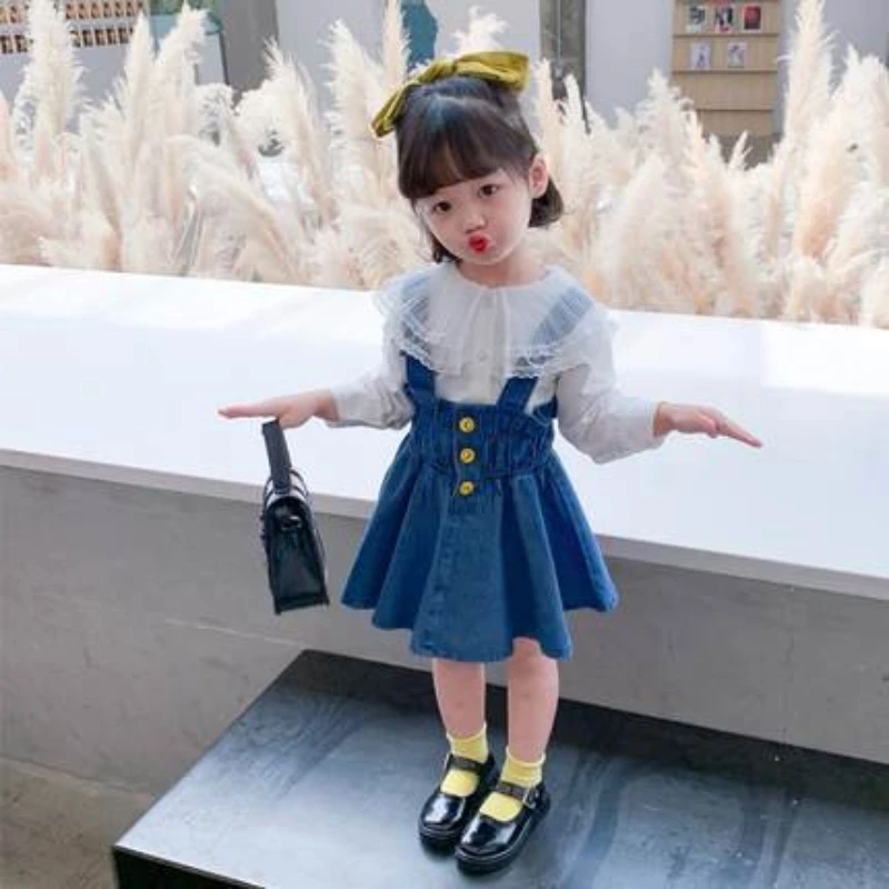 Купи Girl Clothing Sets Korean Sets for Girl Autumn Spring Long Sleeve Pure Color Shirt Tops+Denim Dress Outfits Princess Clothes Set за 961 рублей в магазине AliExpress