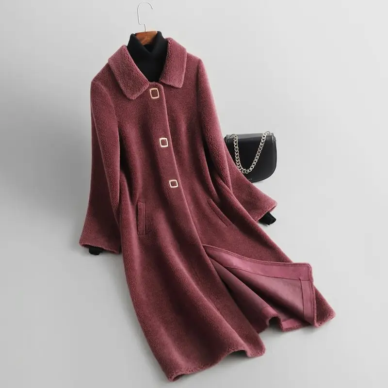 Winter Loose Mid Long Sheep Shearing Jackets Female Clothing New Solid Real Fur Coat Women Wool Outwears Parkas Ladies Tops Red