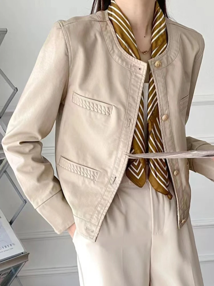 

Женская короткая куртка LY VAREY LIN, элегантная однобортная винтажная куртка из искусственной кожи с круглым вырезом, весна-осень