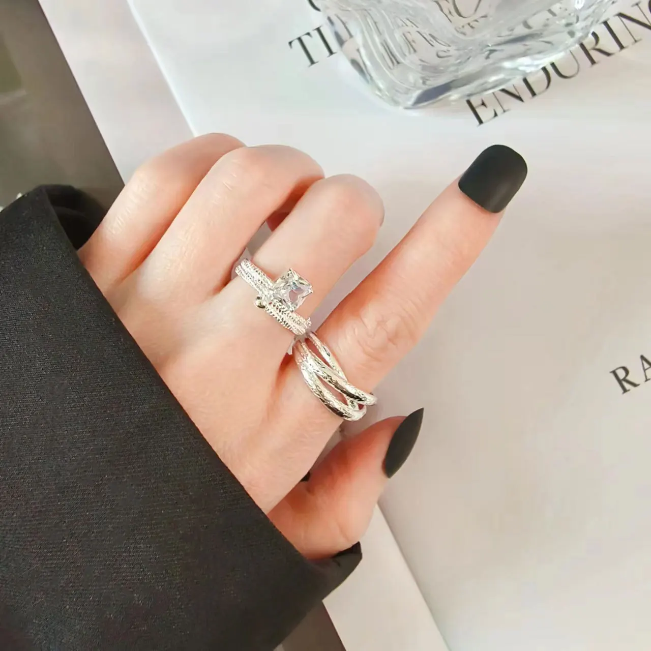 

925 Sterling Silver Geometric Shinning CZ Rings for Women Men Simple Korean Fashion Open Adjustable Handmade Ring Couple Gifts