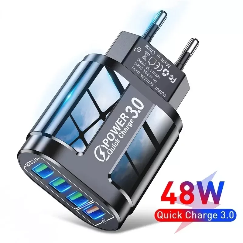 

2023NEW 48W USB Charger Fast Charge QC 3.0 Wall Charging 12 11 Mobile 4 Ports EU US Plug Adapter Travel