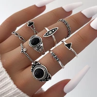 fashion simple black oil ring geometrically stone hollow carving 9 piece set neutral punk individual jewelry for women for men