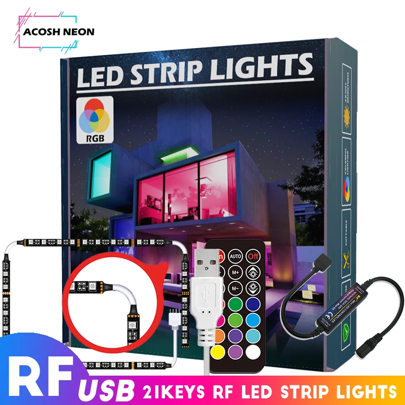 

RGB Led Strip with 21Keys RF Remote,5V USB Powered Colorful 30LEDs/M SMD 5050 Flexible for 43-75 inch TV PC Mirror Backlight