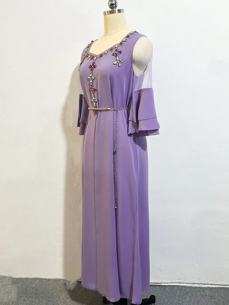 Caftan Moroccan Dubai 2022 Long Summer Women's Dresses Elegant Chic Rhinestones Floral Jalabiya Mesh Ruffle Sleeve Robe
