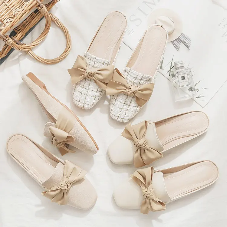 

Female Shoes Butterfly-Knot Big Size Low Ladies' Slippers String Bead Luxury Slides Cover Toe 2022 Flat Designer Rubber Butterfl
