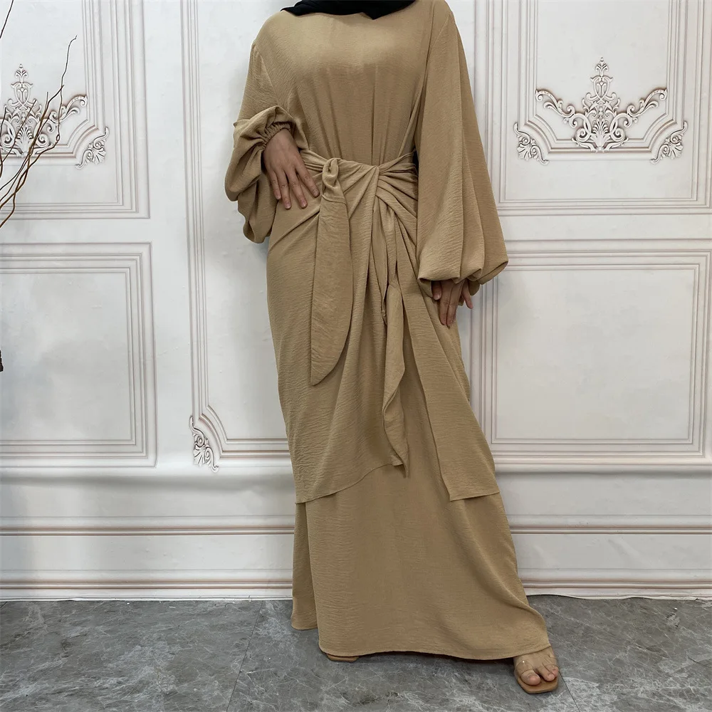 Bubble Crepe Abaya Dress Two Piece Muslim Sets Dubai Islam Turkey Evening Dresses for Women with Front Wrap Skirt Kaftan Robe