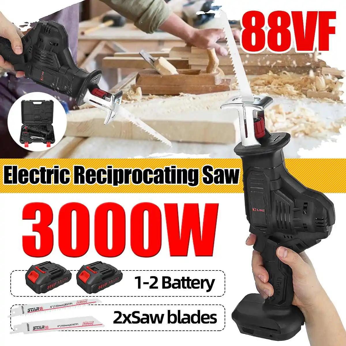 

88VF Cordless Reciprocating Saw 3000W 3000RPM Speed Electric Saw With Battery Wood Metal PVC Pipe Cutting Reciprocating Saw