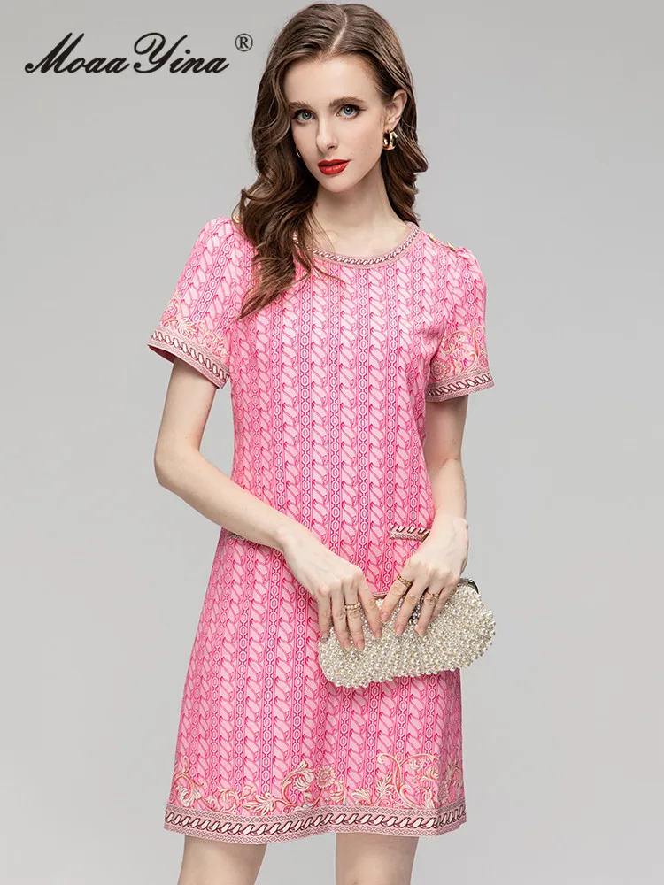 MoaaYina Summer Fashion Designer Pink Vintage Print Dress Women's O-neck Short Sleeve Button Pockets Casual Loose Mini Dress