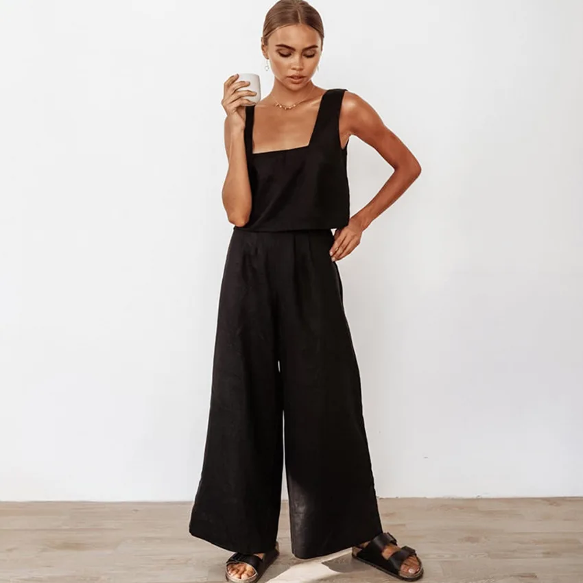 BKQU Tank Tops Women Pajama Flare Pants Nightwear Square Neck Sleepwear Women's Cotton Backless Home Suit Pure Color Female Set