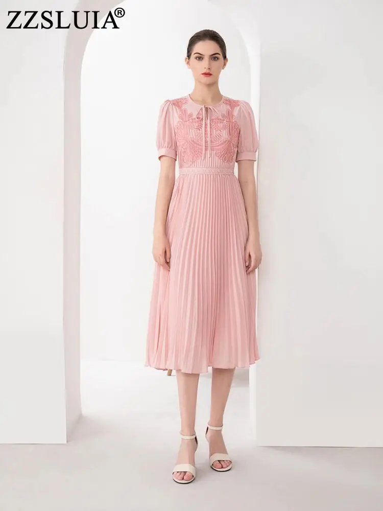 

Women's Elegant Pleated Dresses O Neck Puff Sleeve Heavy Embroidery Design Slim Lacing Midi Dress Fashion Female Clothing