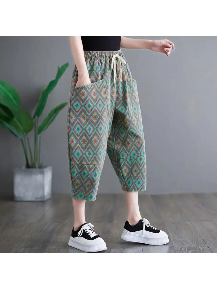 

New 2022 Summer Women Literary Artistic Printing Cotton Calf-length Pants Casual Loose Elastic Waist Harem Pants Versatile M227