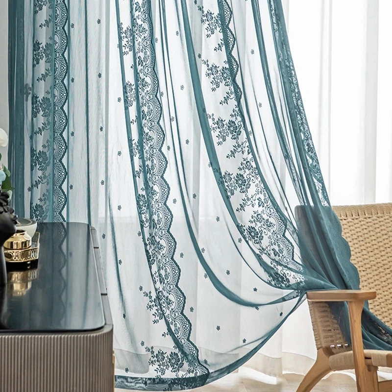 

Turquoise Floral Sheer Lace Curtains for Bedroom Living Room Delicate Knitted Side Lace Retro Style Vintage Window Panel Drapes