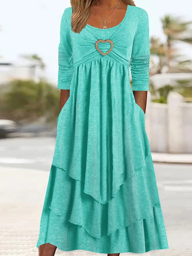 

Летнее повседневное женское платье с круглым вырезом, уличная одежда, свободное платье миди в стиле пэчворк с сердечками, винтажное женское однотонное платье вечерние с длинным рукавом