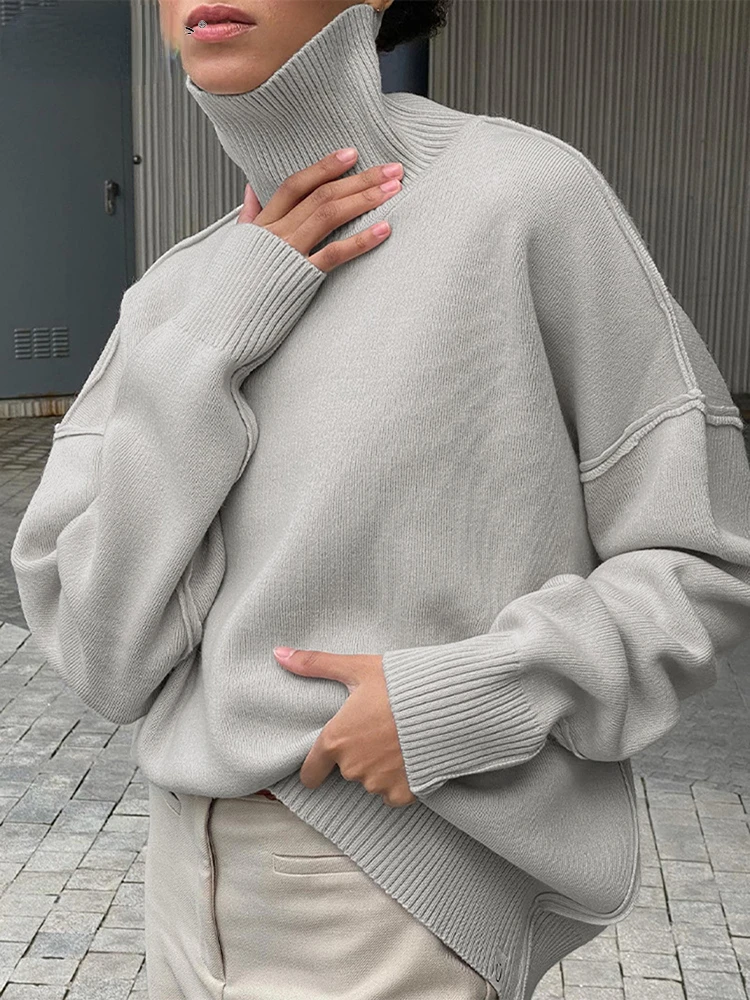Herfst Vrouwen Warme Hoge Hals Drop Shoulder Gebreide Trui Winter Trui Lange Mouwen Losse Gebreide Trui Vrouwen Honderd Tops