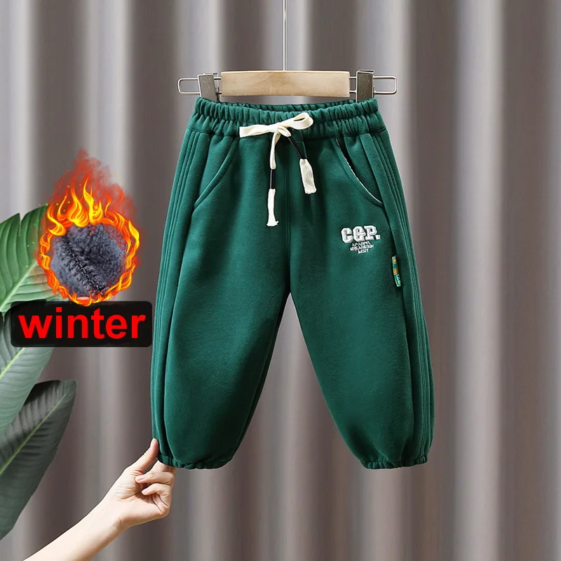 

Winter Casual Boys Plus Velvet Pants Children Solid Color Sport Loose Long Pants For Kids Teen Thicken Warm Trousers 2-11 Years