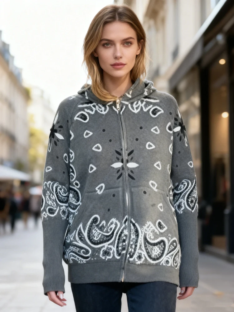 Imprimé épaissir les chandails pour femmes élégant à capuche surdimensionné Patchwork manches longues Cardigan femme 2026 printemps femme manteau vêtements d'extérieur