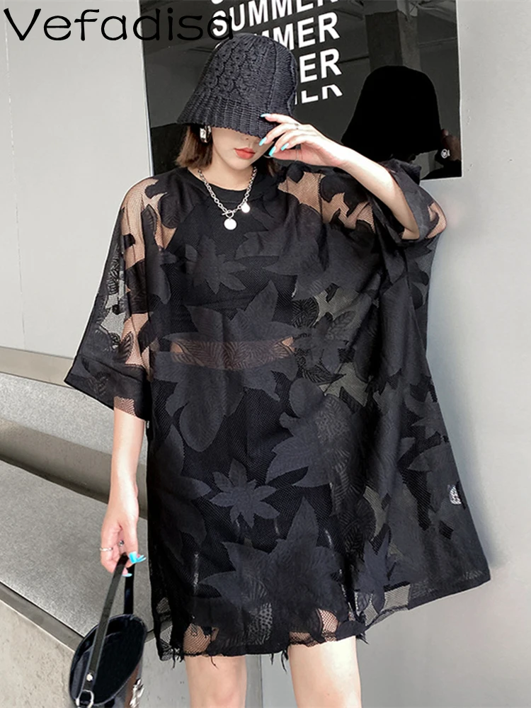 

Vefadisa Summer New French Perspective Jacquard Lace Dress Women 2023 Summer Thin Loose Short Sleeve T-shirt Black Dress ZY080