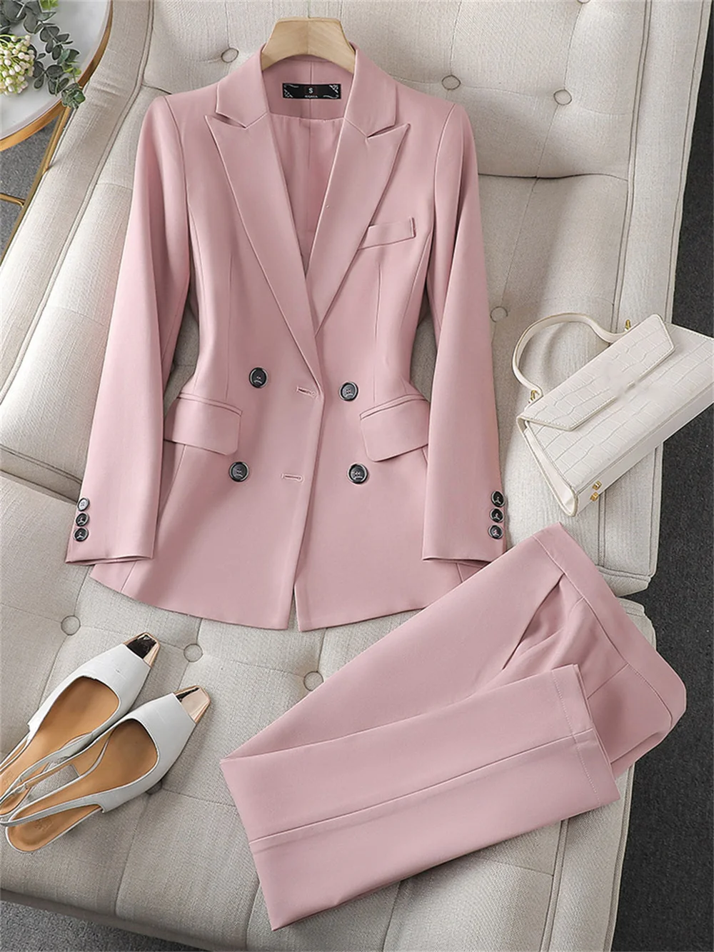 Fashion Ladies Pant Suit 2023 New Black Pink Khaki Blazer + Trouser Elegant Women Office Business Work Wear Formal 2 Piece Set