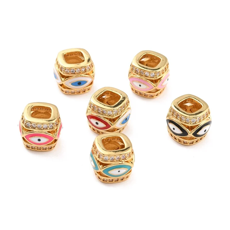 

10pcs Brass Micro Pave Clear Cubic Zirconia Beads with Enamel Column Round Real 18K Gold Plated Mixed Color for Jewelry Making