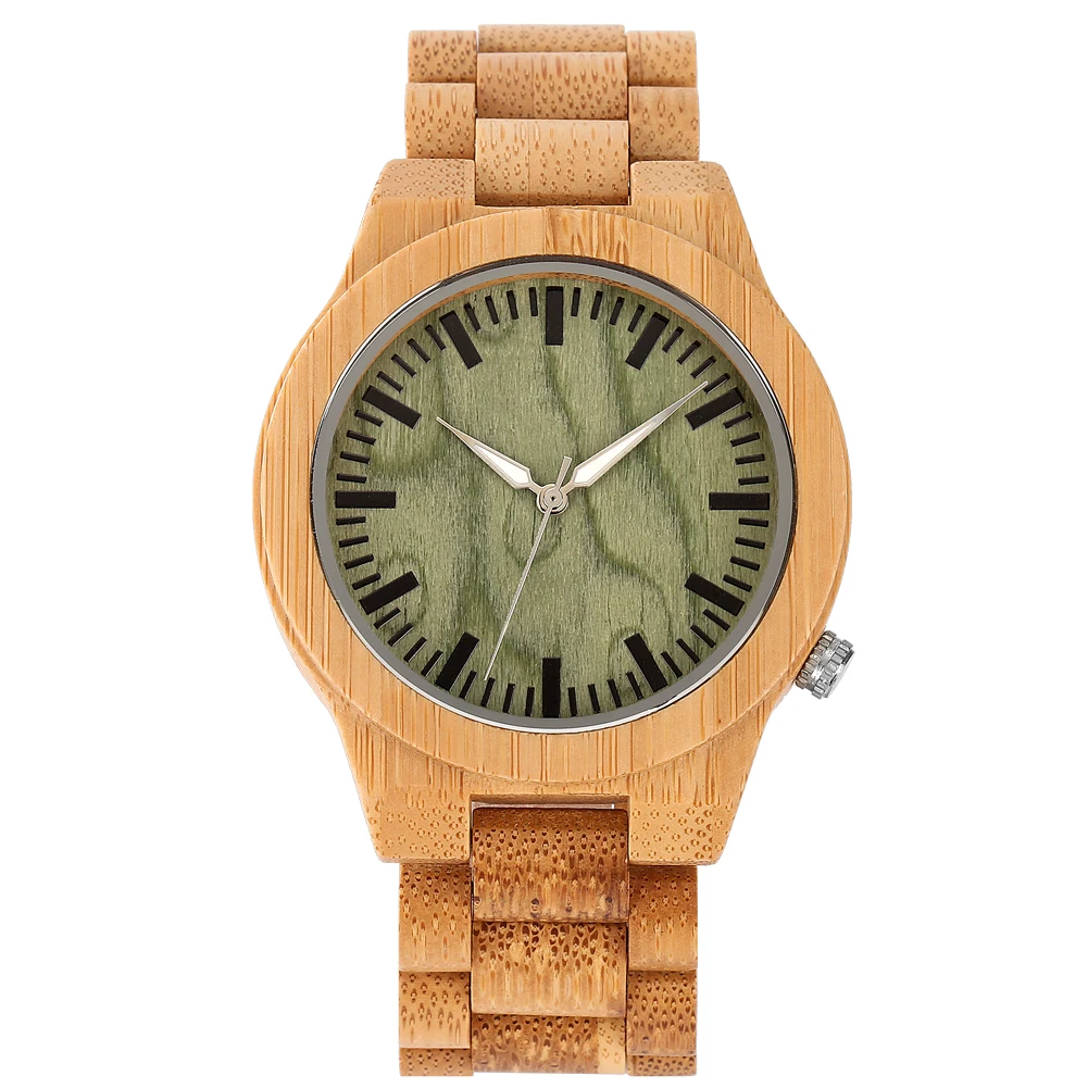 

Full Bamboo Wood Quartz Watch for Men Stylish Green Black Scale Dial Casual Men's Wristwatch Folding Clasp Wooden Watches