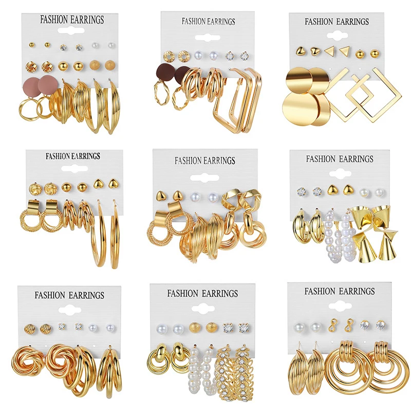 

Vintage Square Geometry Earrings Set for Women Pearl Metal Circle Dangle Earring Round for Female Simple Trendy Party Jewelry